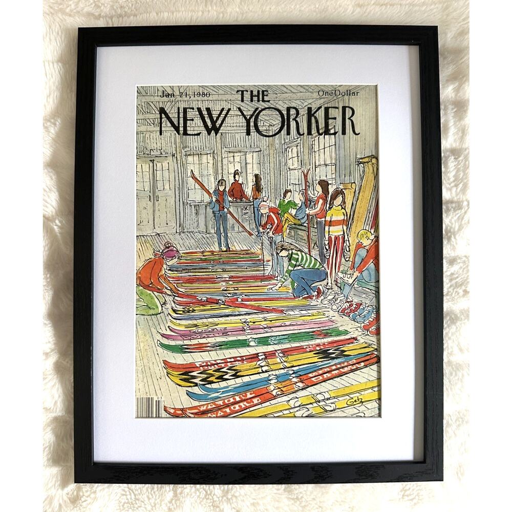 RARE Framed The New Yorker Jan 21, 1980 Snow Ski Winter Lodge 11x14